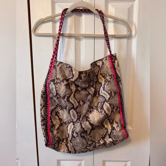 Poppie Snake Print Shoulder Hobo Bag Pink and Graphite Color Accents Chain Large - Picture 2 of 12